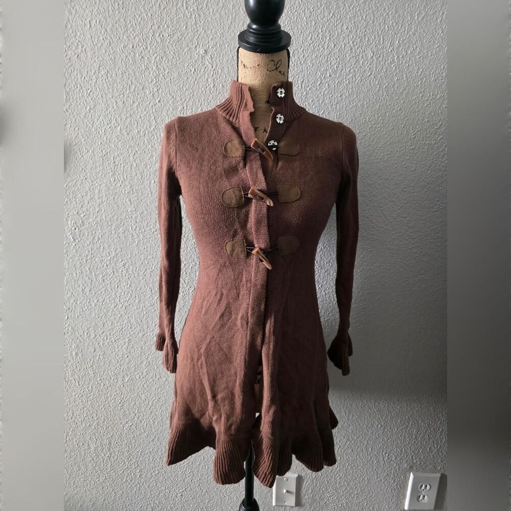 Vintage J. Khaki Y2K Wool Blend Ruffle Toggle Cardigan Brown Large